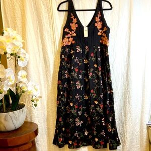 Maeve Black Floral Maxi Dress with Multicolor Embroidery